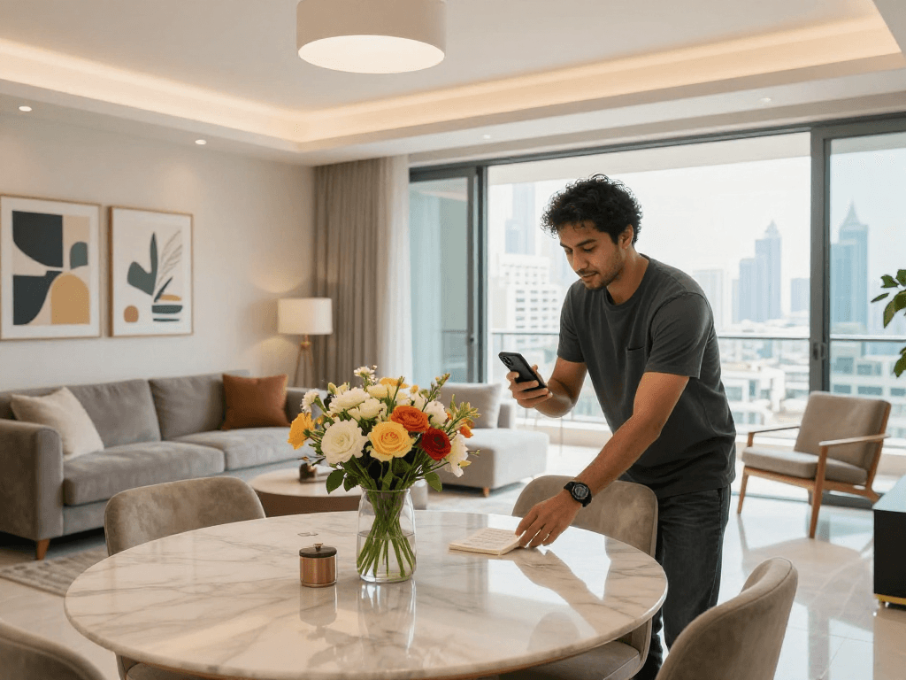 airbnb management in stylish Dubai apartment with a welcoming host preparing for guests