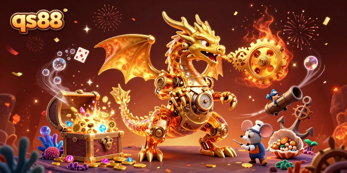 qs88 tham gia vào thế giới cờ bạc với một rồng vàng đậm chất cơ khí bay giữa kho báu và những quân bài