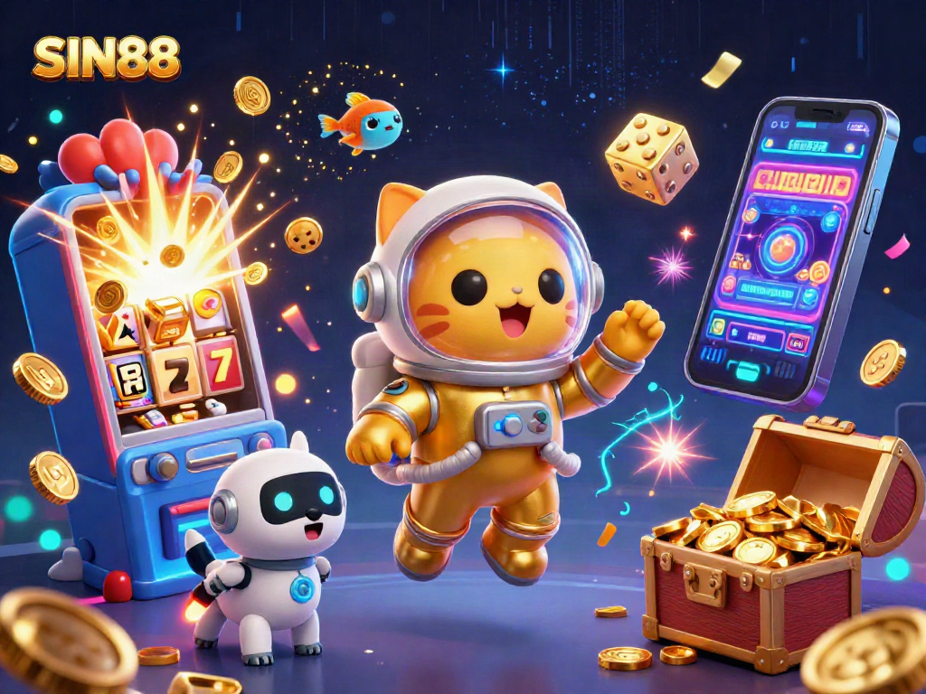 Experience thrilling play at SIN88 with a cartoon astronaut cat and a robot dog amidst exciting casino elements.