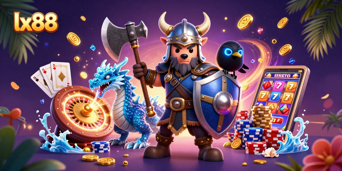 Experience the thrill of lx88 with a Viking wolf warrior, dragon, and casino elements in a dynamic illustration.