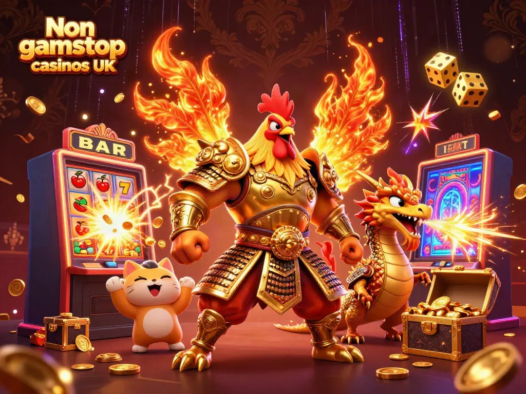 Engaging illustration for Non gamstop casinos UK, showcasing dynamic characters among vibrant casino elements.