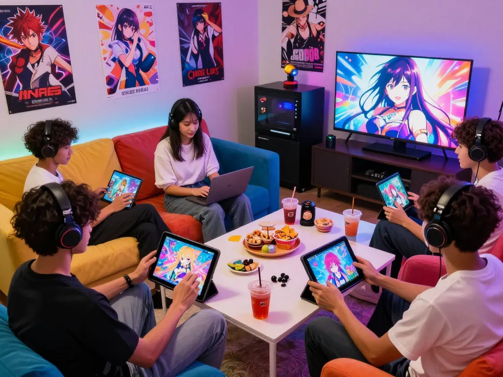 Players enjoying lewdspot adult visual novel games in a cozy gaming room, showcasing diverse devices and a vibrant atmosphere.