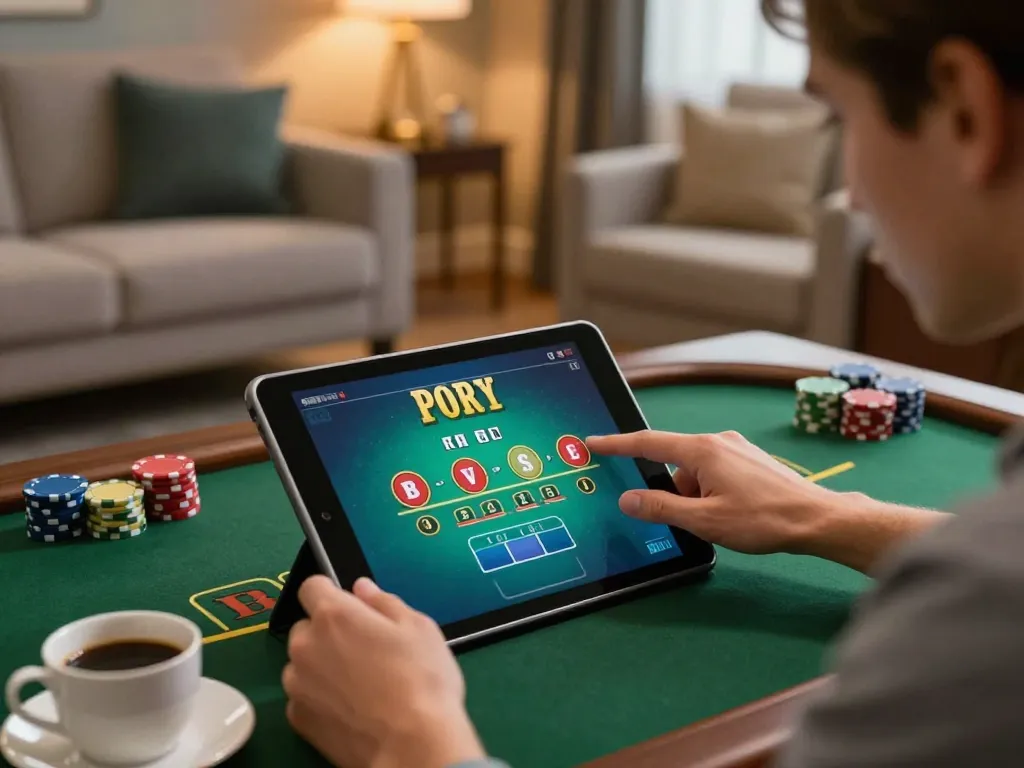 Engaging gaming on Go8 as a player bets on blackjack at home, showcasing an exciting online casino experience.