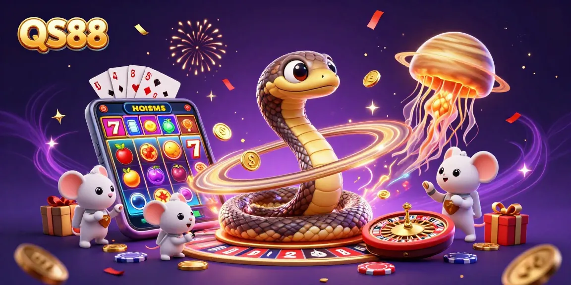 Experience QS88 with vibrant slots as astronaut mice bet on a cosmic roulette wheel.