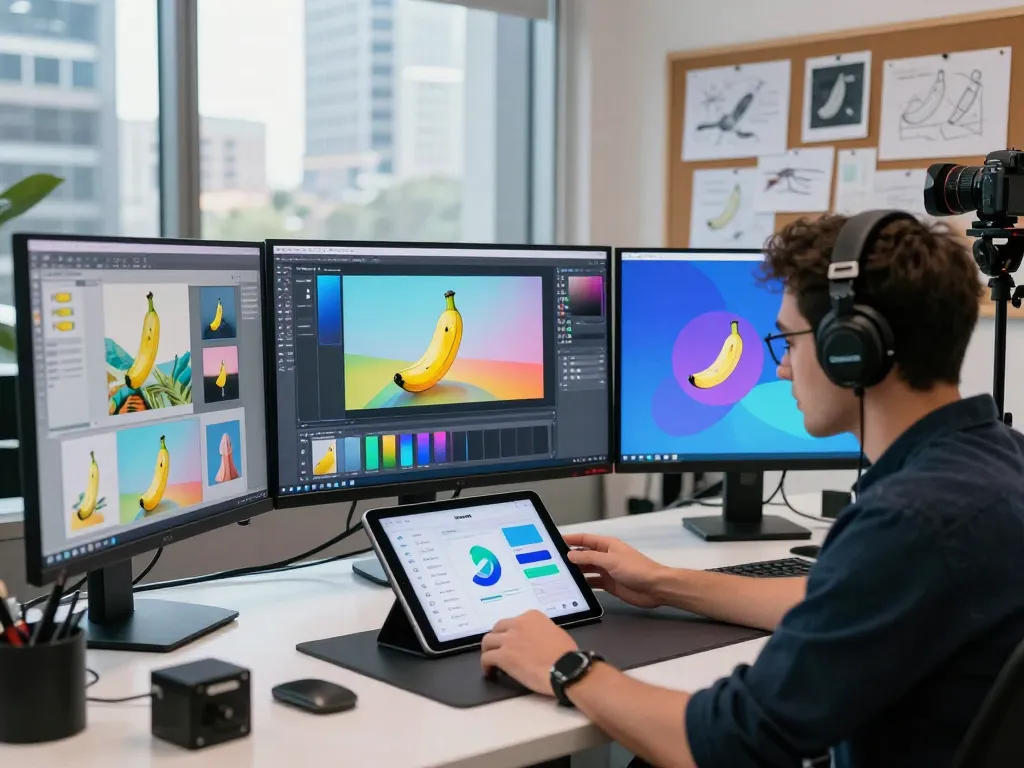 Creative professional using the nano banana AI image editor in a vibrant digital art studio.