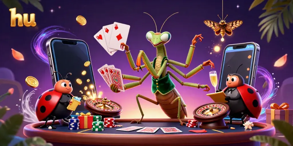 Experience the thrill of hu casinos with a giant mantis card sharp and a ladybug pit boss in a vibrant 3D scene.