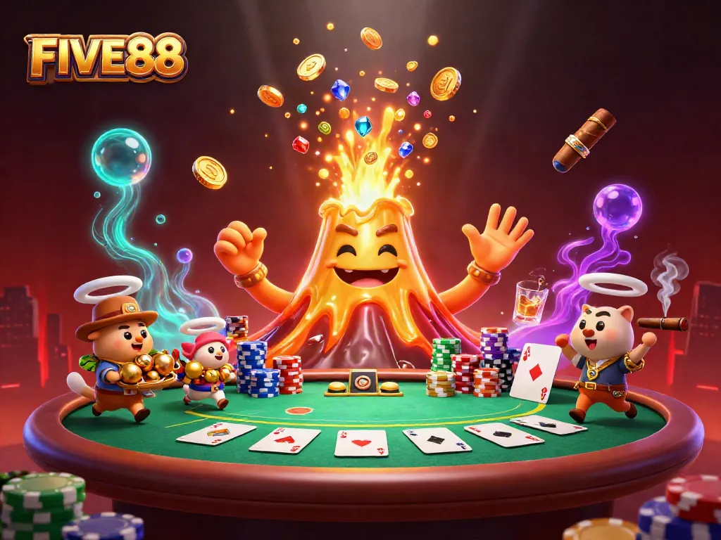 FIVE88 displays a triumphant golden volcano amidst poker chips and treasures in a captivating casino scene.
