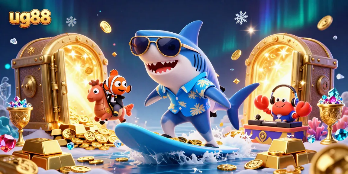 Experience an exciting gaming adventure with ug88 as sharks surf gold coins amidst treasure