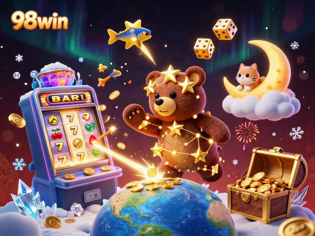 Engage with the vibrant world of 98win, where golden stars and jackpots collide in an immersive casino illustration.