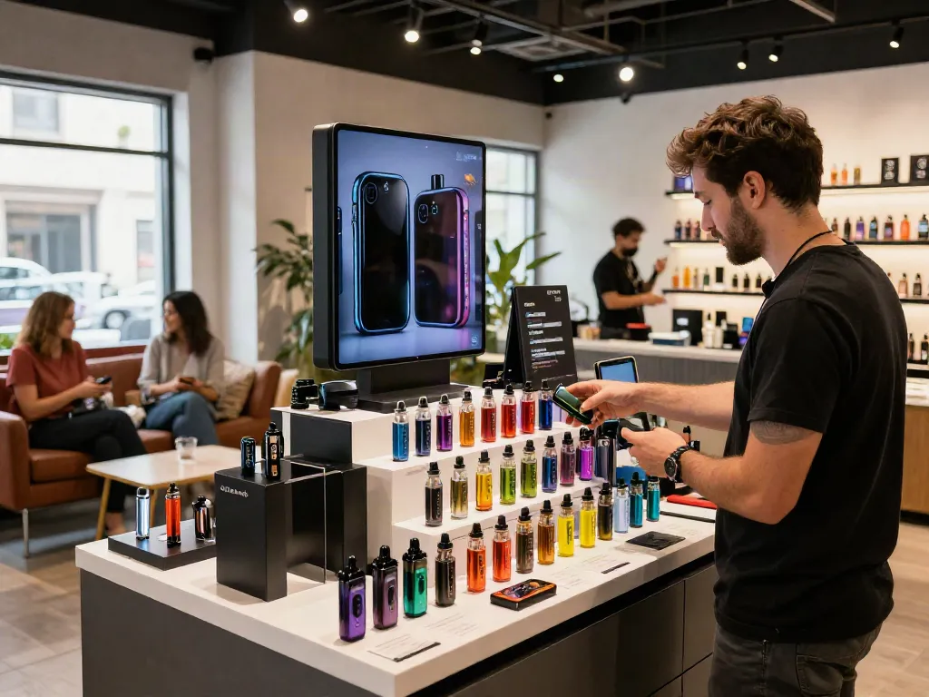 Exploring how much nicotine is too much in a modern vape shop with vibrant displays.