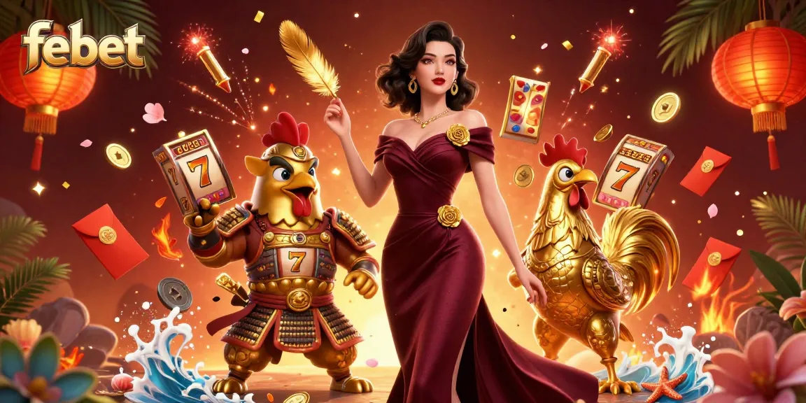 Engage in exhilarating gameplay at febet, featuring 3D casino characters amidst vibrant slot reels and festive elements.