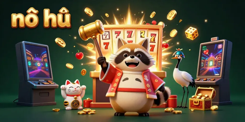 Experience the thrill of nổ hũ with a vibrant 3D scene showcasing lucky symbols and fortune cats.