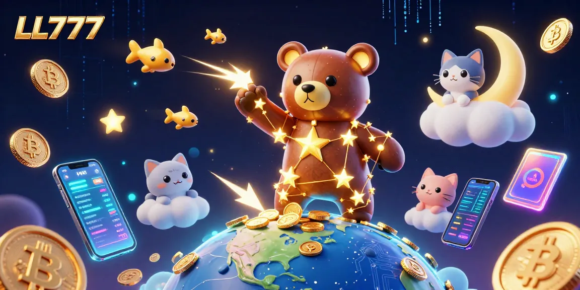 LL777's constellation bear inspiration scooping coins in a vibrant casino-themed 3D illustration.