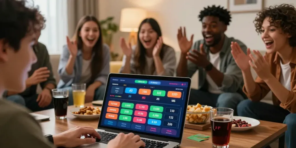 Enthusiastic players engaging in live sports betting, Link vào tx88 interface visible on laptop screen, electric atmosphere.