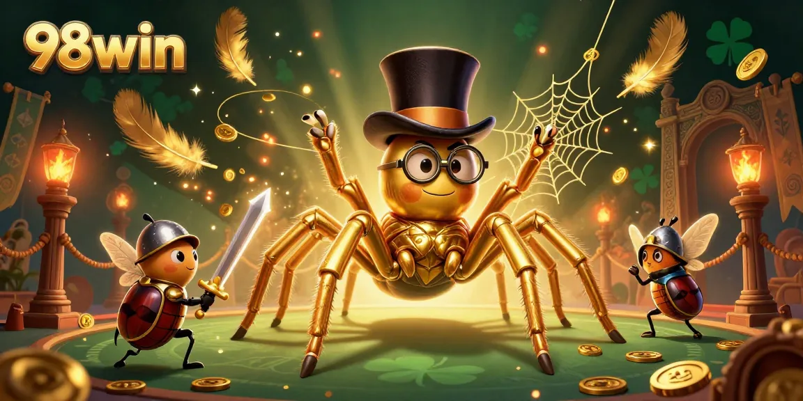 Experience thrilling gameplay with 98win as golden tarantulas weave luck in a vibrant casino scene.