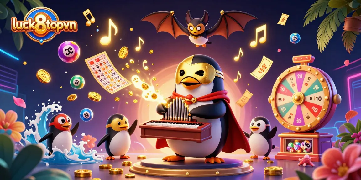Experience excitement at luck8topvn with a vibrant scene of a penguin organist, games, and gold!