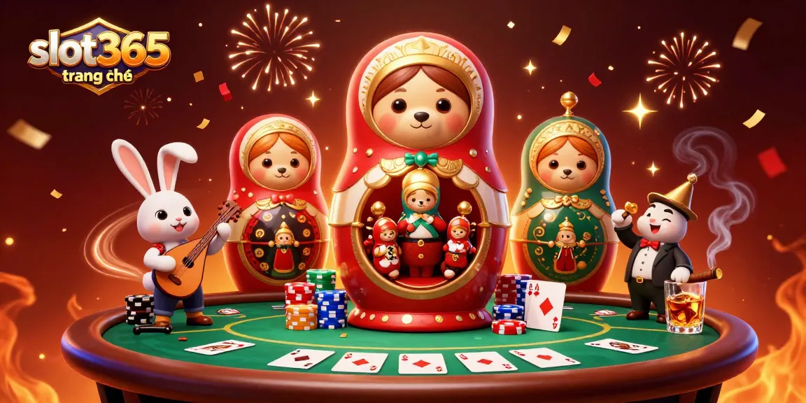 Experience thrill at slot365 trang chủ with colorful bears, poker chips, and festive decorations in a lively casino setting.