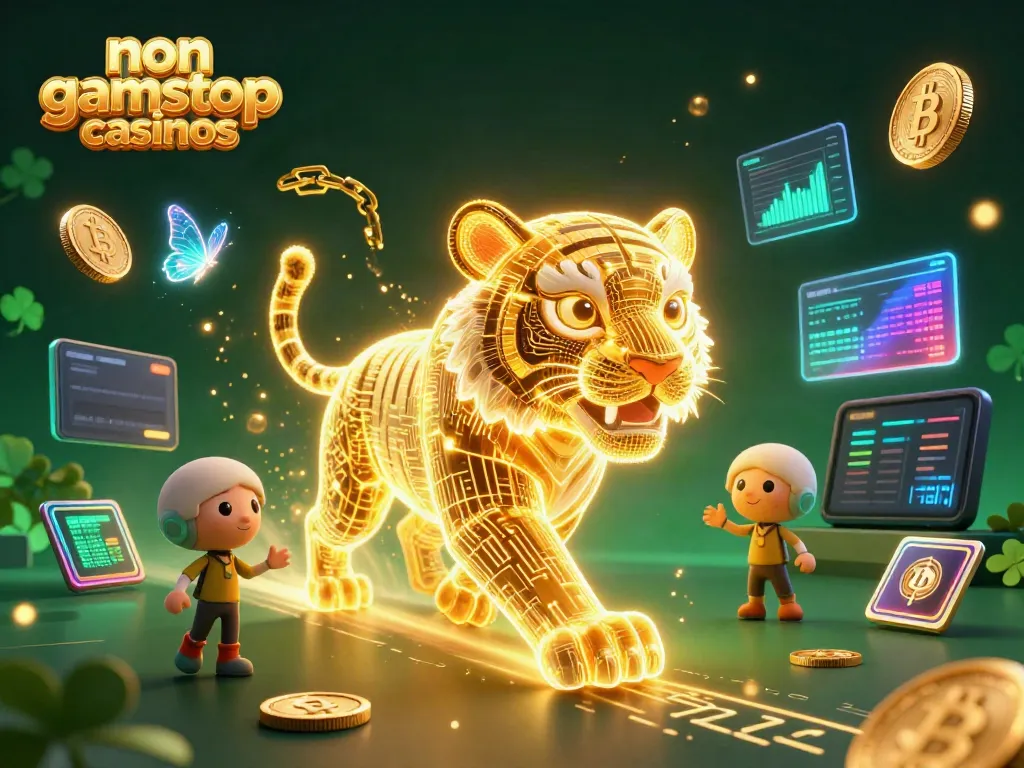 Experience the thrill at non gamstop casinos with vibrant 3D scene of a glowing golden tiger amid digital gaming.