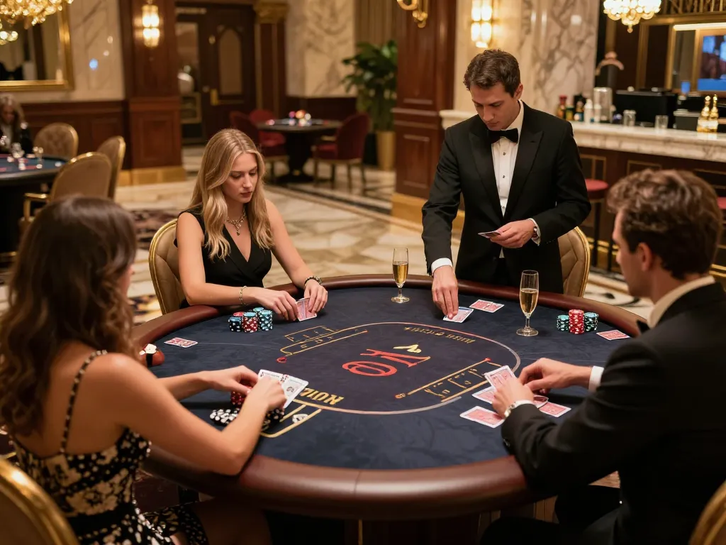 Players enjoying a high-stakes poker game at jun88's luxurious casino area, showcasing excitement and strategy