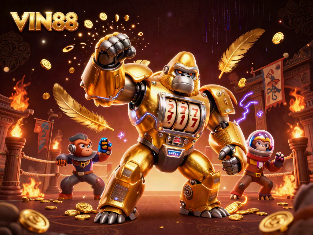 Experience thrilling action at VIN88 with a golden gorilla mech amidst a dynamic casino setting.