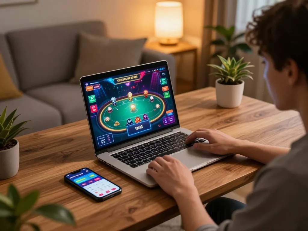 Iwinclub player engaging in a thrilling poker game with laptop and app nearby