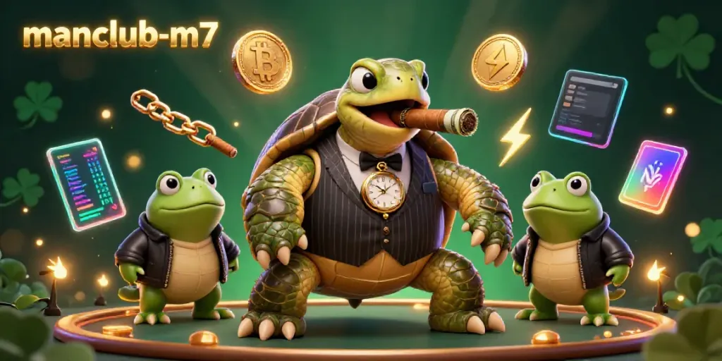 Experience the thrill of the manclub-m7 casino with a vibrant 3D cartoon scene featuring a cool mobster turtle and frog enforcers.