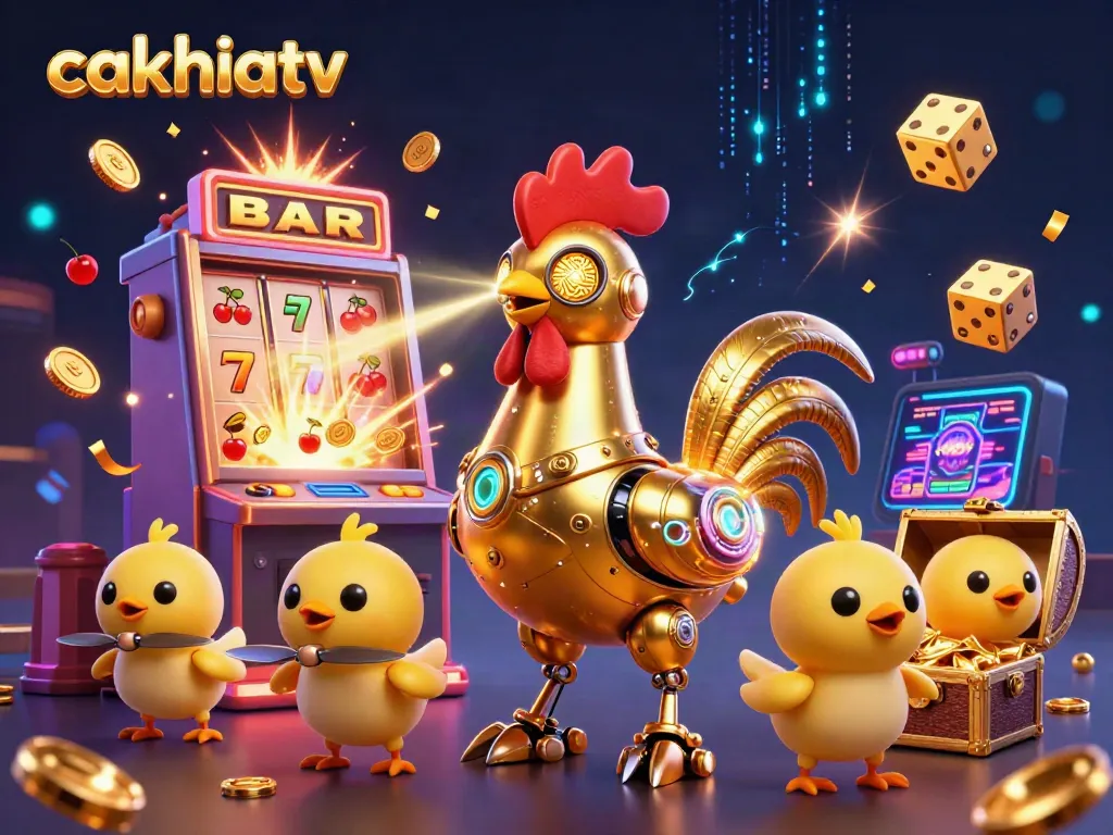 Cakhiatv showcases a vibrant 3D casino scene with a golden rooster robot and baby chick drones amidst exciting game elements.