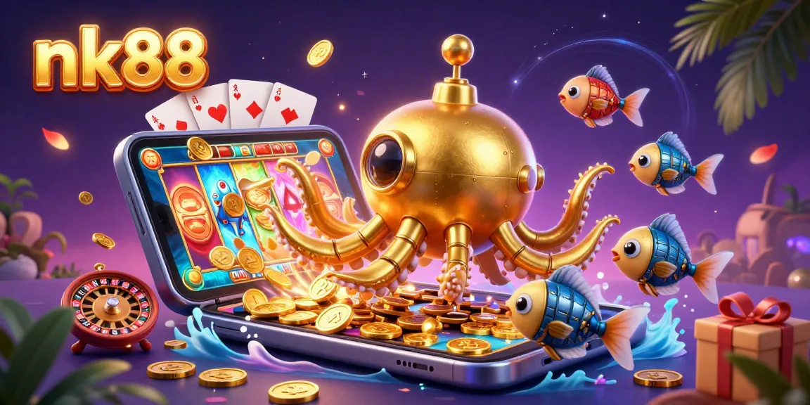 Experience the thrill of nk88 with golden kraken submarine amidst coins, dynamic slot gaming action!