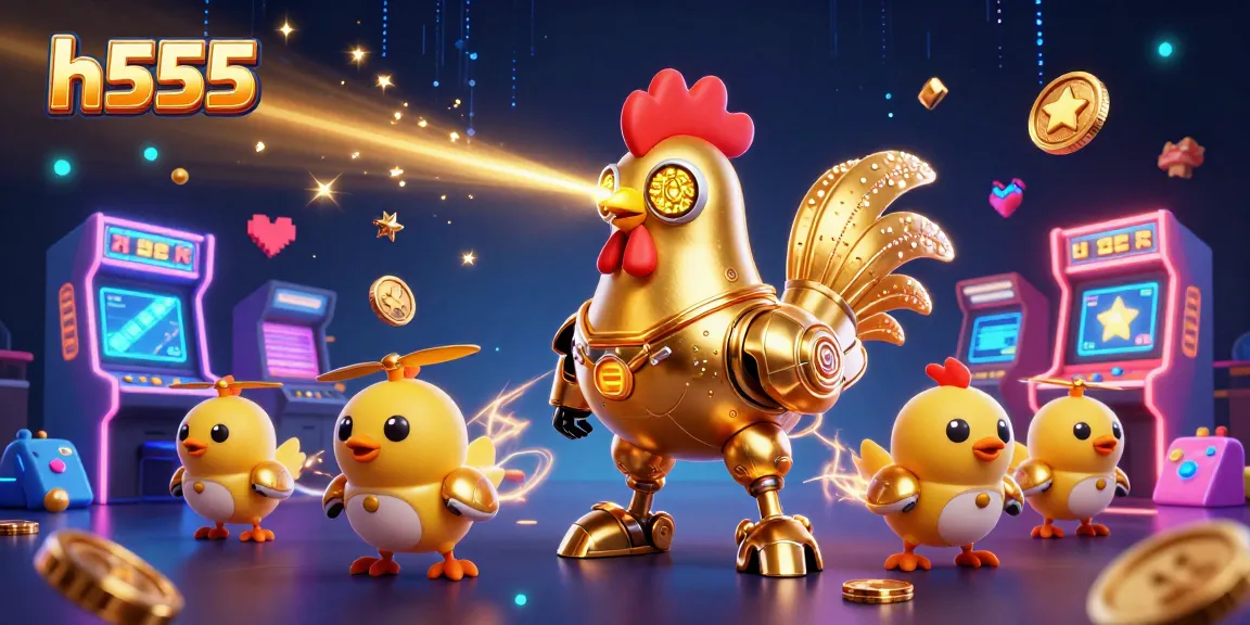 Experience thrilling gameplay with h555 featuring a golden rooster robot and vibrant casino elements.