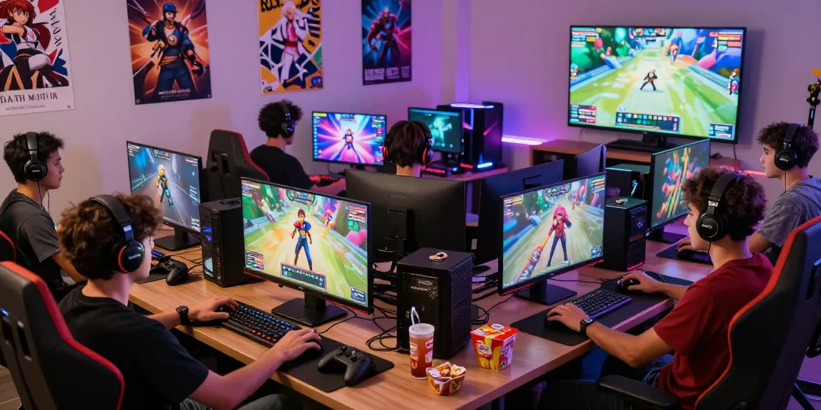 Engaging scene of gamers enjoying an ecchi game session with colorful graphics and gaming gear.