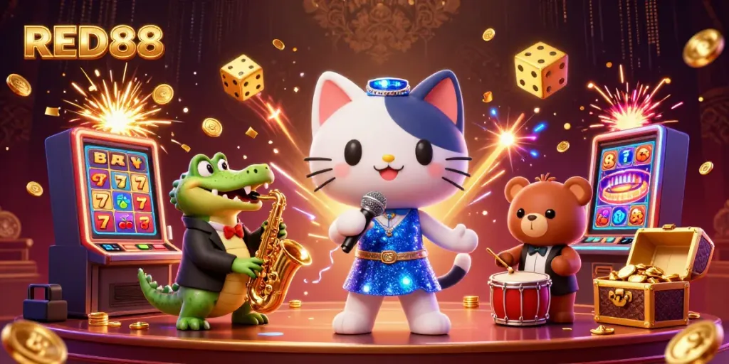 Experience the excitement of RED88 with a lively casino scene featuring a cartoon jazz singer and friends amidst jackpot symbols and slot machines.