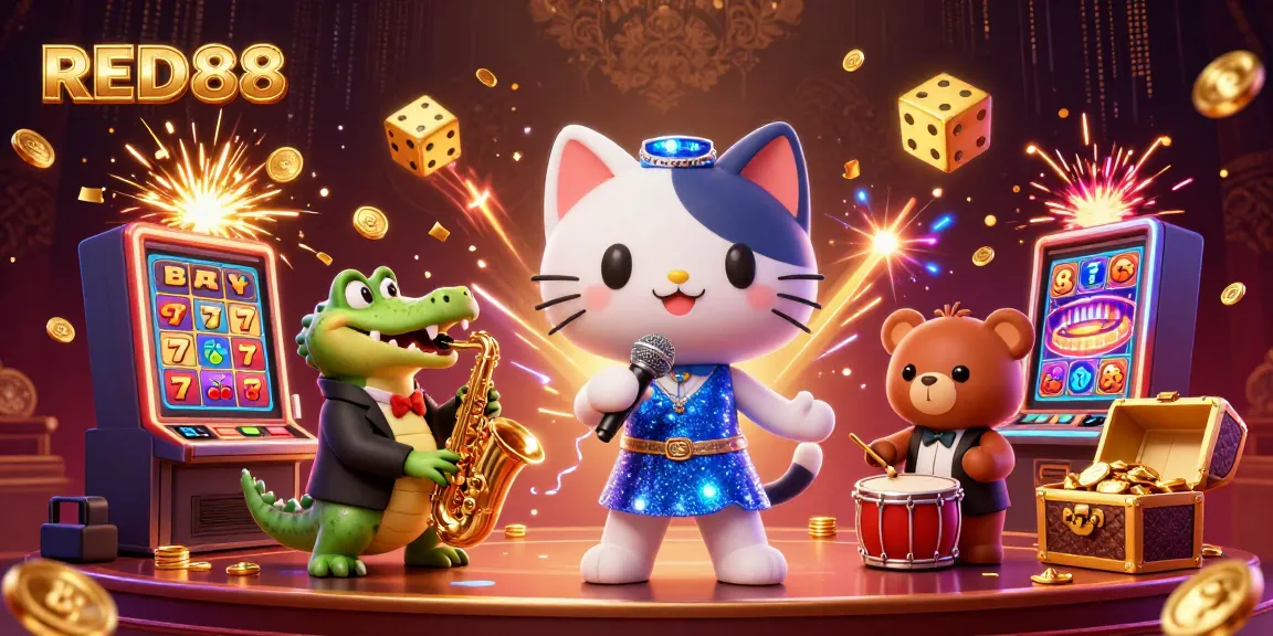 Experience the excitement of RED88 with a lively casino scene featuring a cartoon jazz singer and friends amidst jackpot symbols and slot machines.