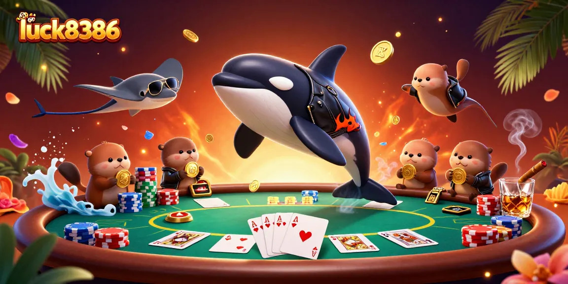 Players engage with luck8386's vibrant casino scene featuring a jumping orca and poker elements.