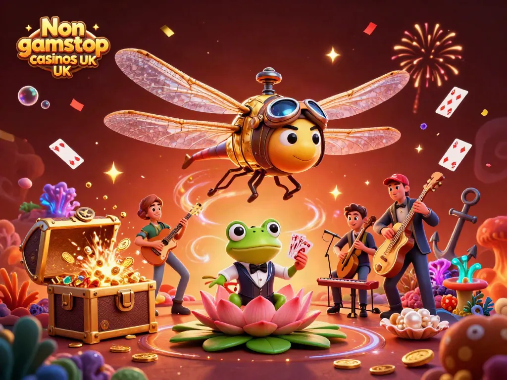 Experience the vibrant world of Non gamstop casinos UK with our dynamic 3D illustration showcasing characters and casino elements.