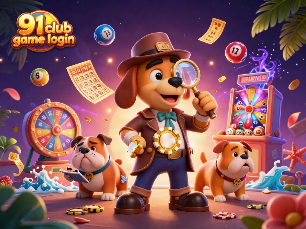 Players access the thrilling 91 club game login platform with vibrant lottery elements and engaging characters.