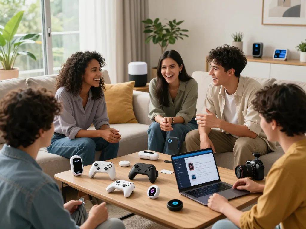 Explore innovative smart tech gadgets with friends in a stylish living room