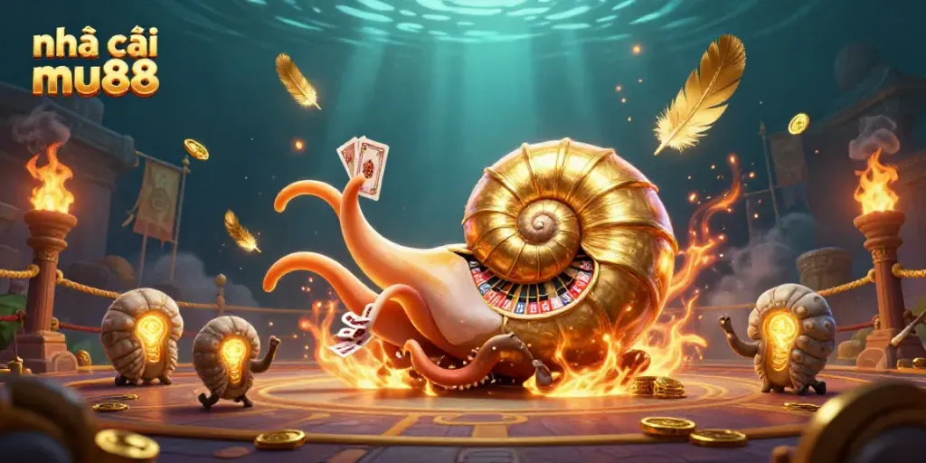 Experience the excitement of nhà cái mu88 with a dynamic casino-themed illustration featuring ancient creatures and gold.