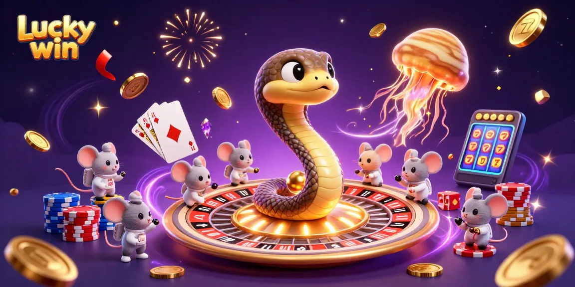 Experience the thrill of Lucky win as cartoon characters gamble with celestial elements in a vibrant 3D casino scene.