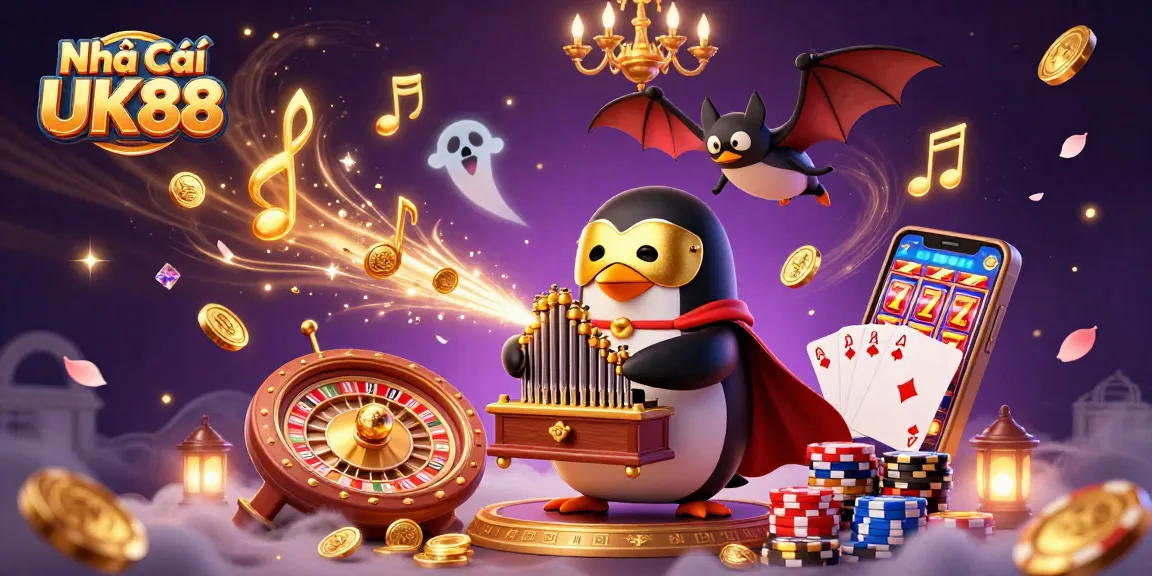 Experience thrilling gameplay with Nhà Cái UK88, featuring a penguin playing golden organ notes amidst floating coins and gems.