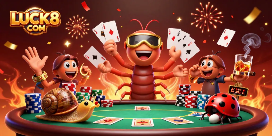 Engage with the vibrant LUCK8 COM casino scene showcasing a millipede dealer and high-roller activities.