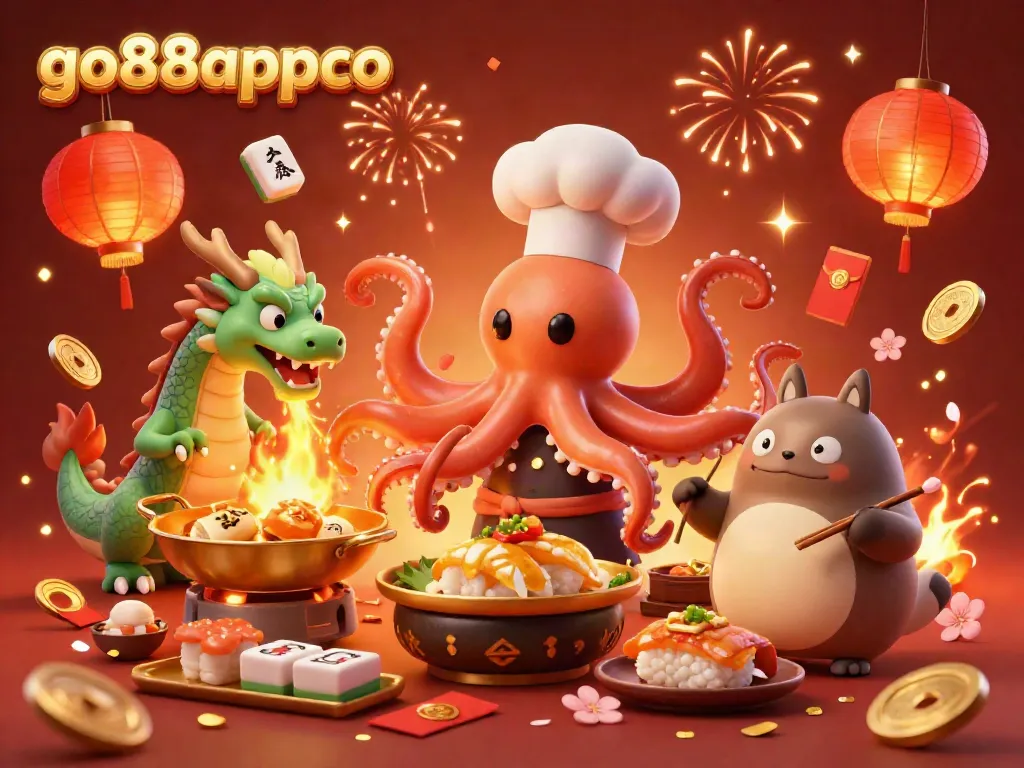 Experience the thrilling adventure of go88appco with a vibrant 3D scene of a sushi chef octopus in a casino setting.