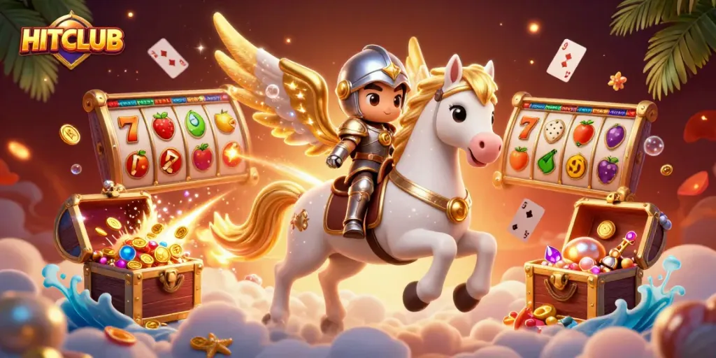 Experience the thrilling HITCLUB casino game atmosphere with this vibrant 3D illustration filled with action.