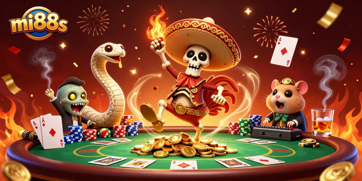 Engage in thrilling poker action with mi88s: a festive illustration featuring vibrant casino characters.