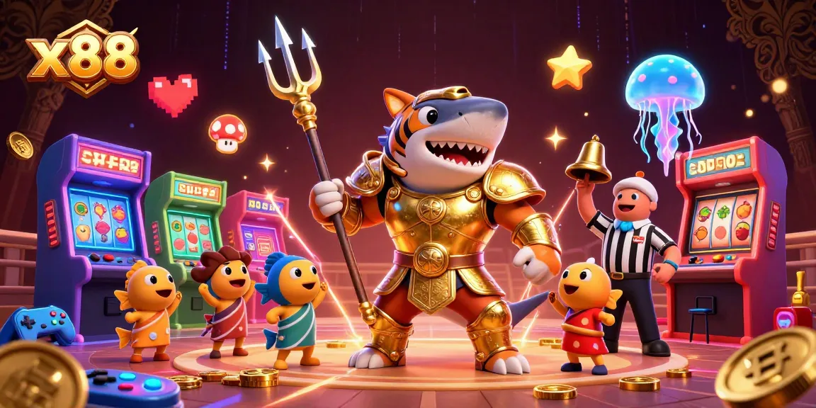 Experience thrilling x88 gameplay with a golden gladiator shark and vibrant casino elements.