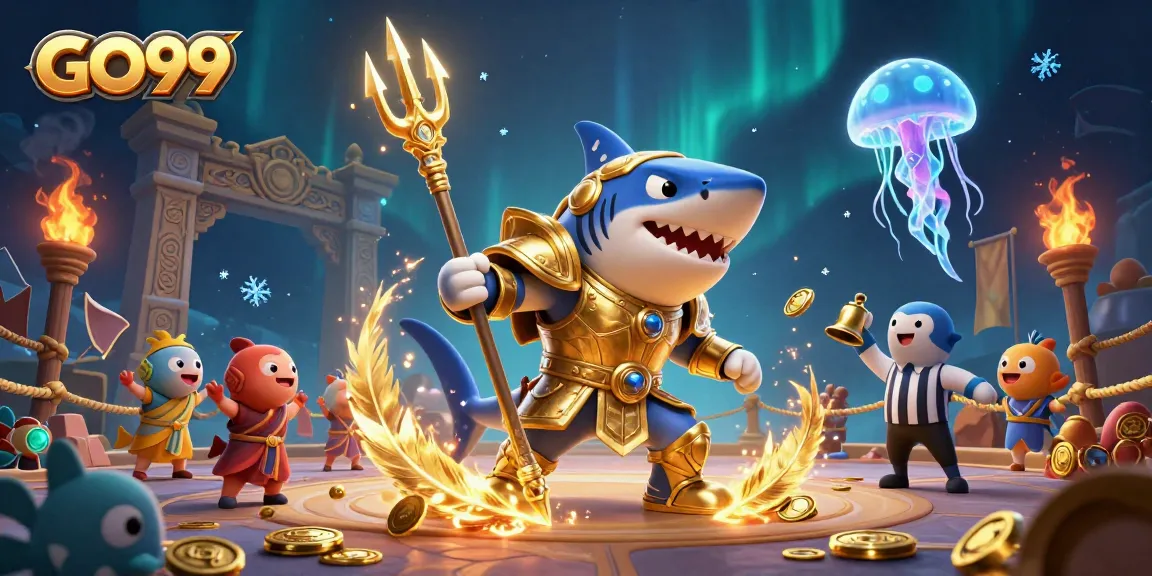 Engage in thrilling gameplay at GO99 with a vibrant underwater colosseum scene featuring a tiger shark and cheering fish.