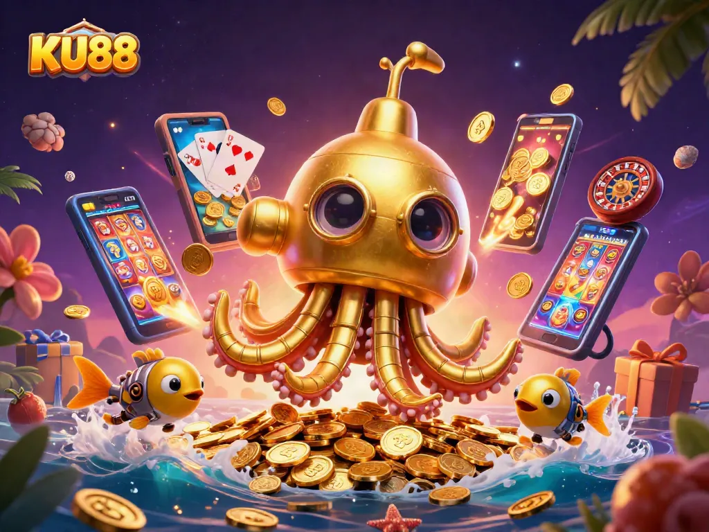 KU88 players engaging in thrilling slot sessions, enjoying golden rewards and vibrant gameplay
