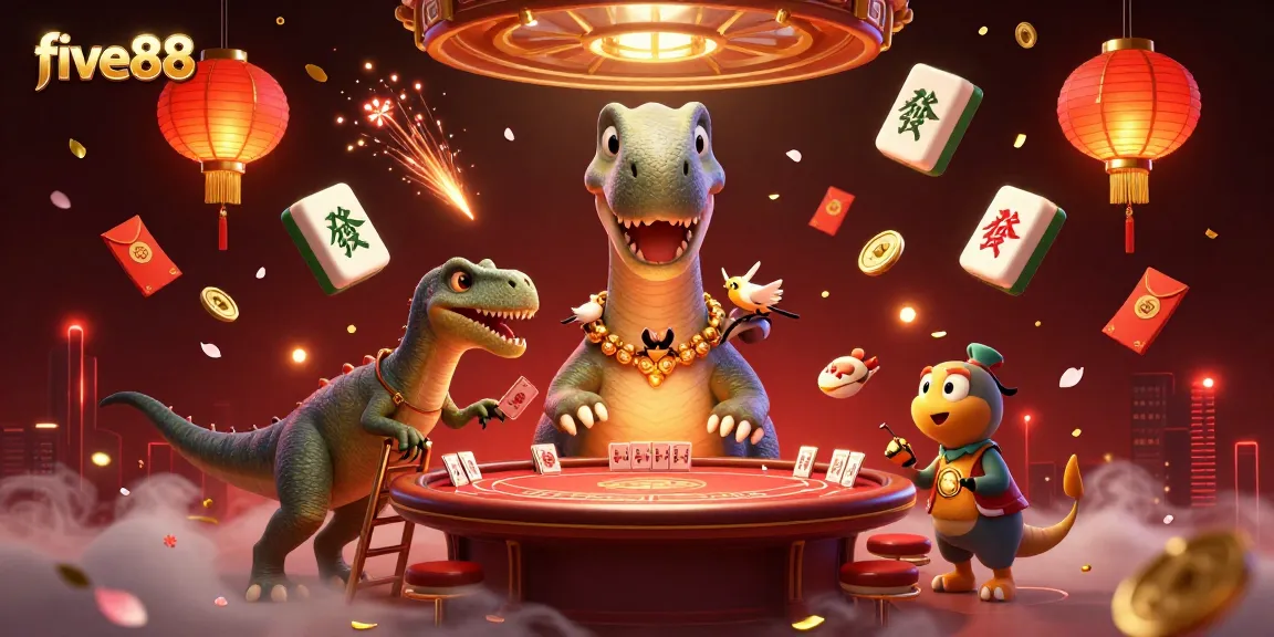 Experience the excitement of gambling at five88 with a lively casino scene featuring a brontosaurus and raptor dealing cards.
