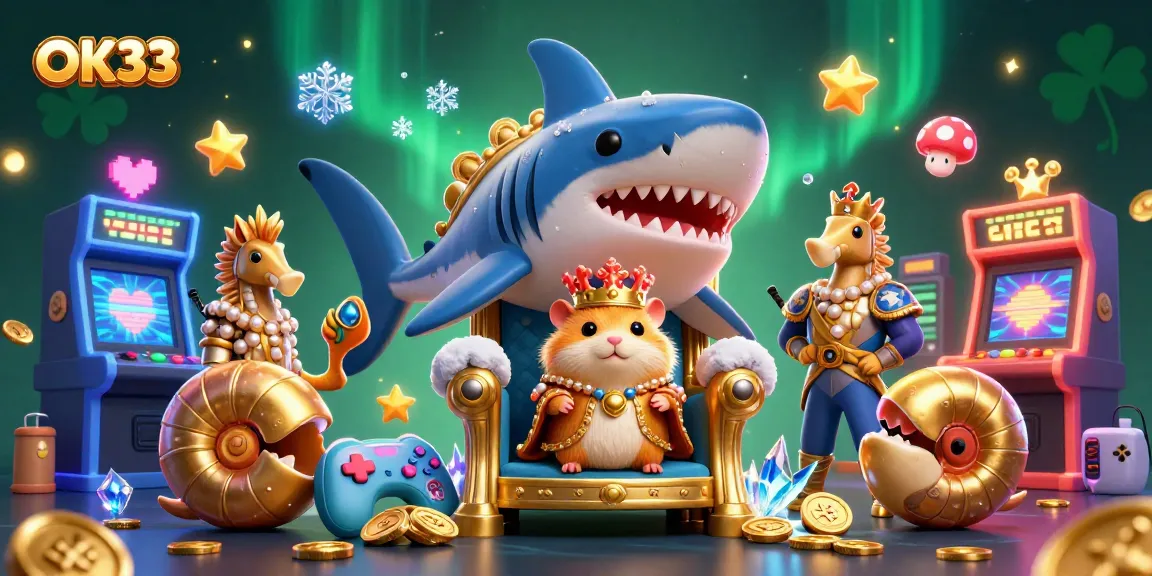 Spin the reels at OK33, showcasing a vibrant 3D casino world with engaging elements and characters.