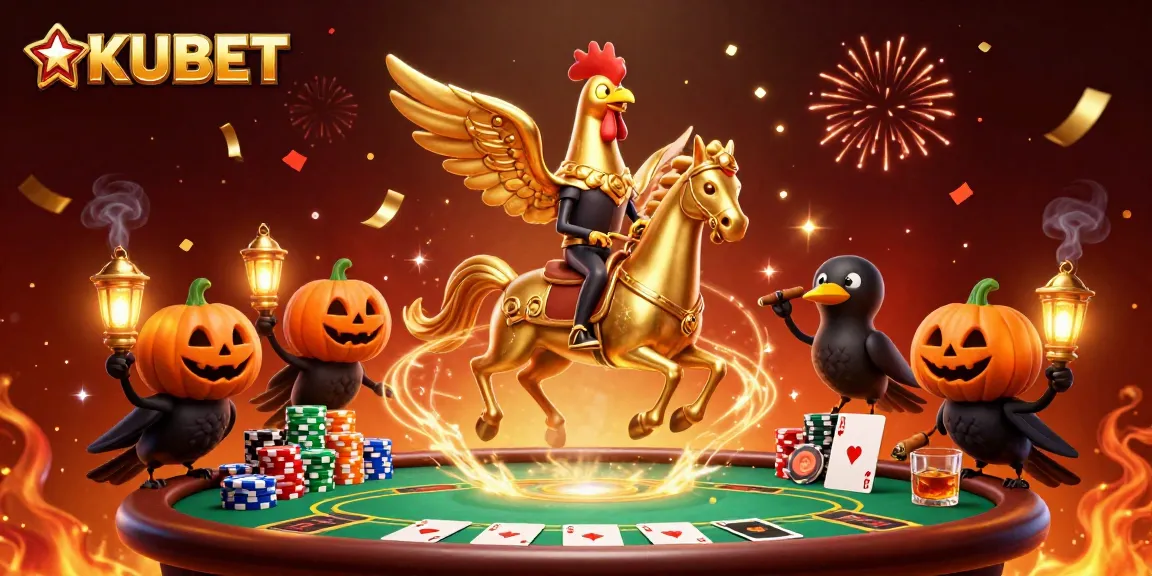 KUBET showcases a vibrant casino scene with a golden rooster and poker elements in 3D.