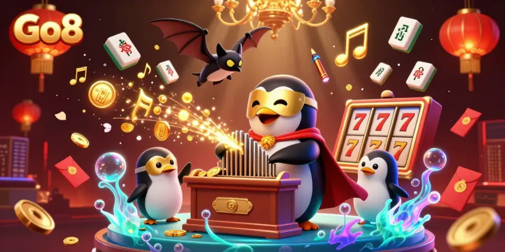 Experience the vibrant Go8 casino scene featuring a penguin playing an organ surrounded by flowing coins and festive elements